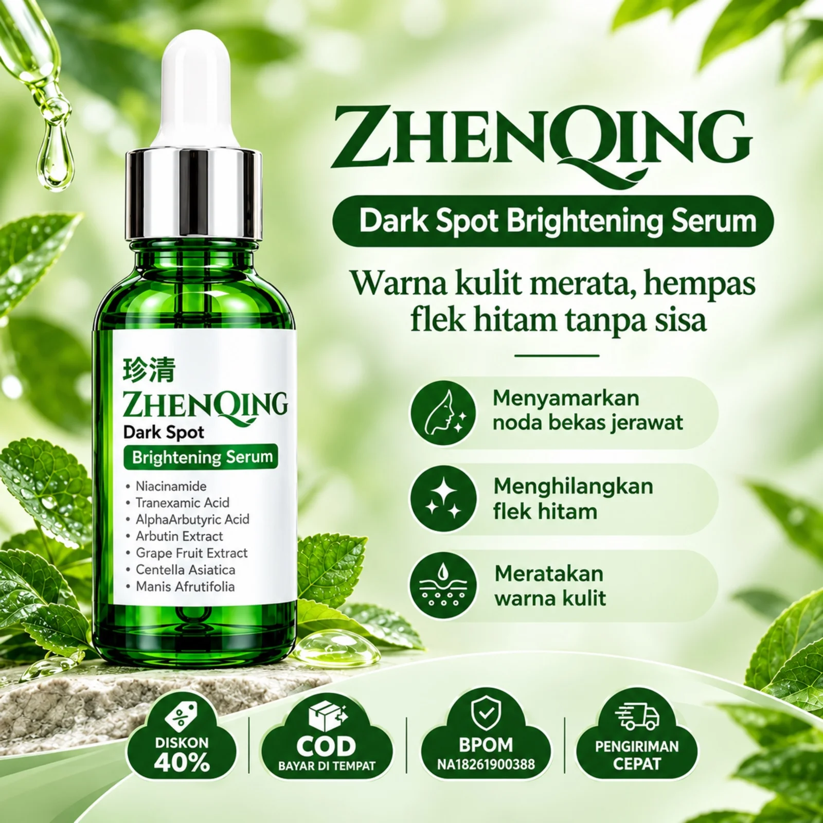 Botol pipet hijau ZHENQING Dark Spot Brightening Serum, warna kulit merata, diskon 40%, COD, BPOM