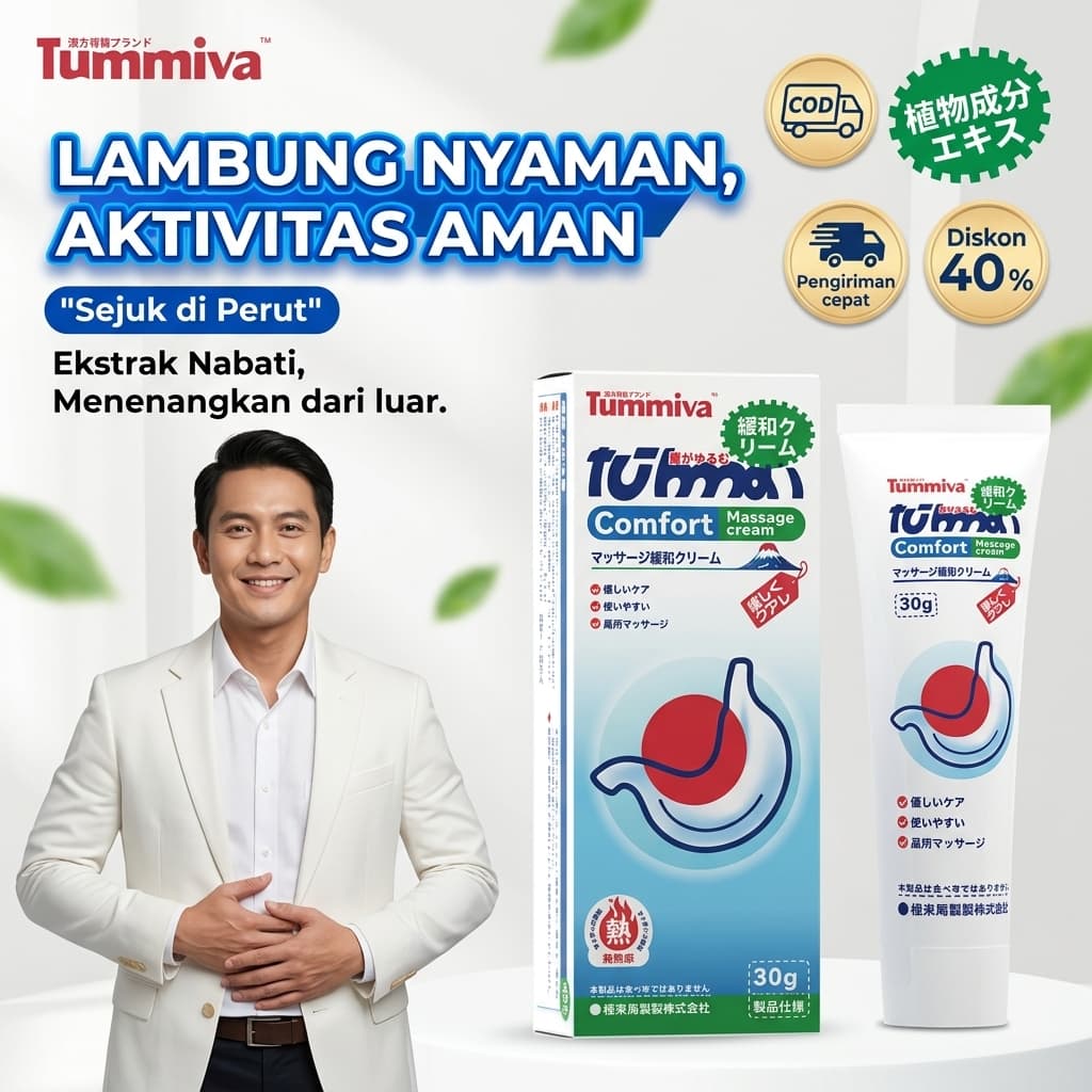 Pria berjas putih memegang perut di samping kotak dan tube Tummiva 30 g, tulisan Lambung Nyaman Aktivitas Aman, COD, diskon 40%