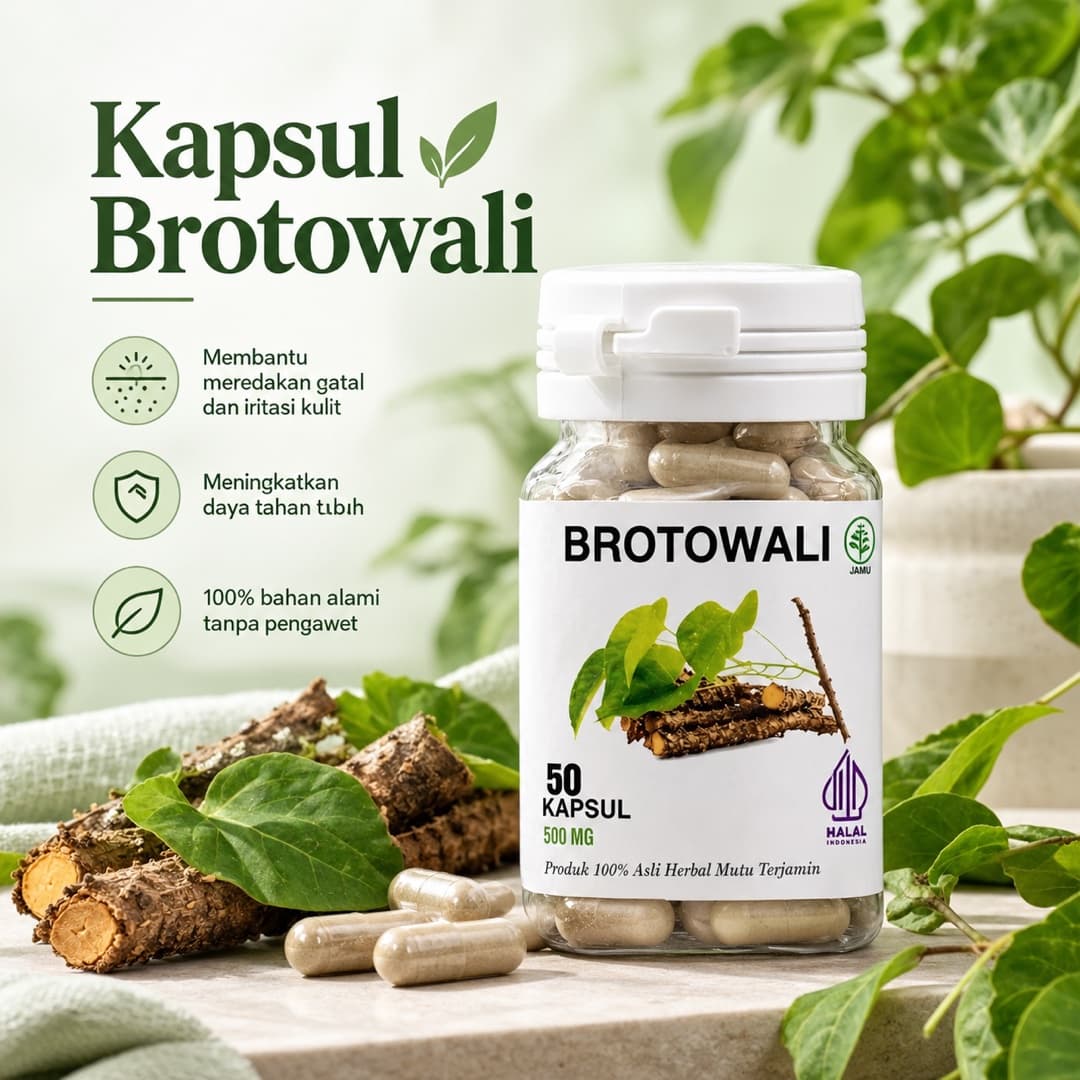Botol Kapsul Brotowali dengan potongan batang dan daun brotowali serta tiga ikon manfaat