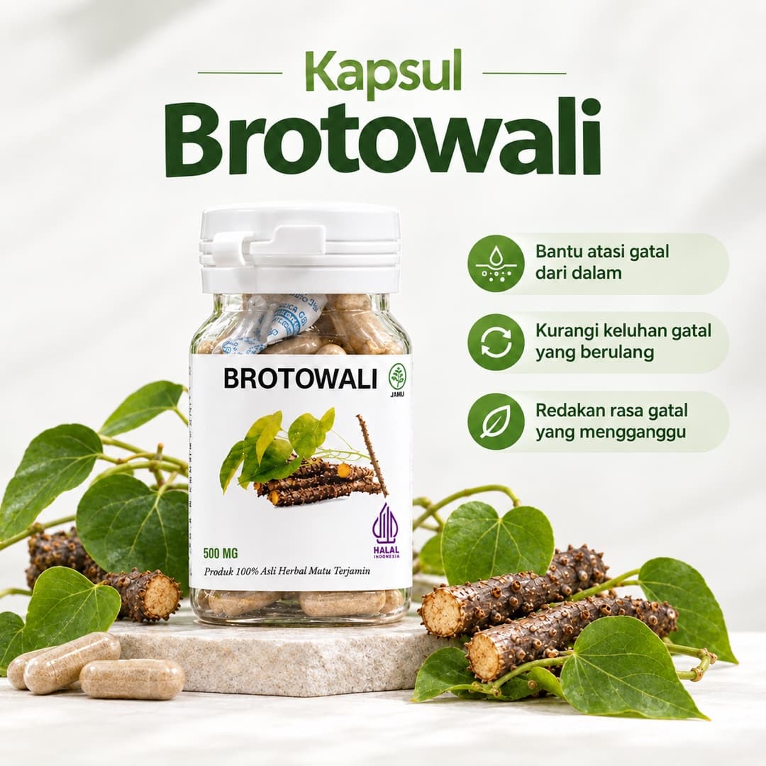 Botol Kapsul Brotowali di atas alas batu dengan batang brotowali