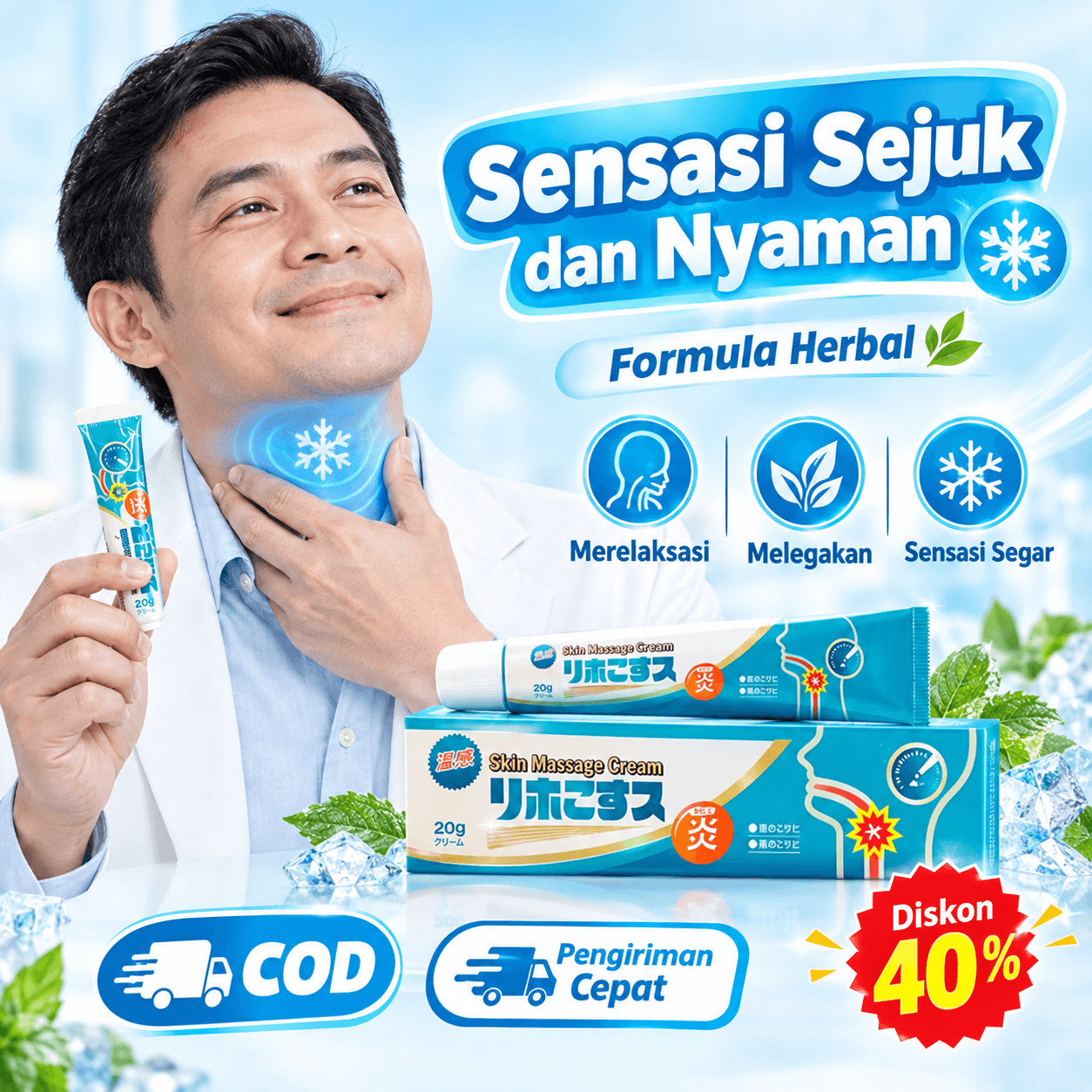 Pria berjas putih memegang tube Salep Tenggorokan Lega di dekat leher, tulisan Sensasi Sejuk dan Nyaman, Formula Herbal, COD, diskon 40%