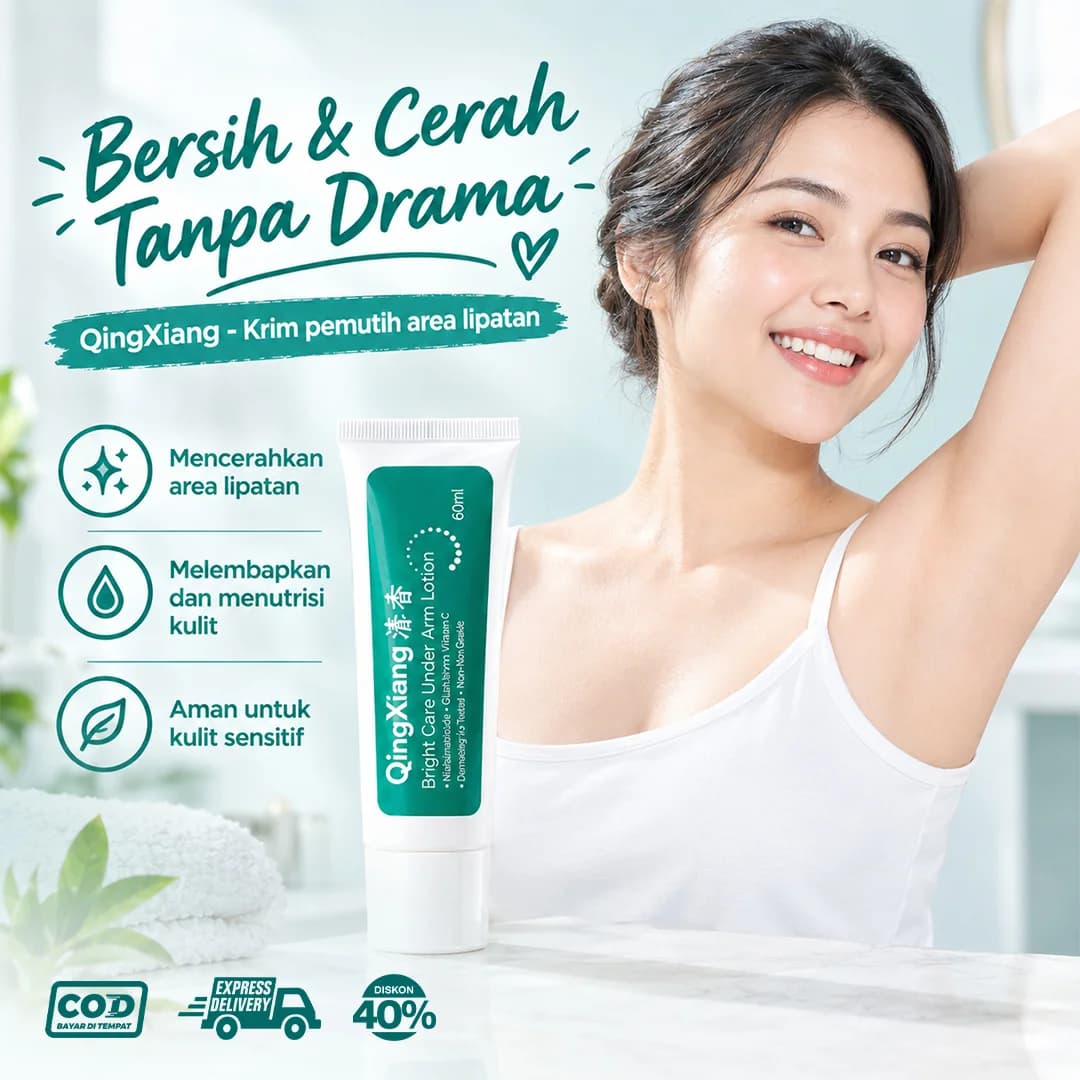 Model mengangkat lengan dengan tube QingXiang Bright Care Under Arm Lotion, bersih dan cerah tanpa drama, COD, diskon 40%