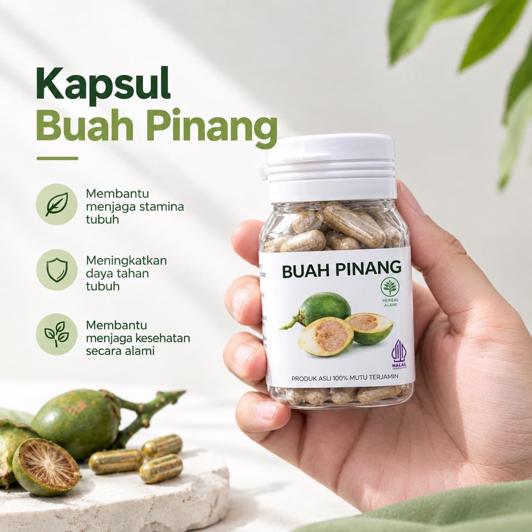 Botol kapsul Buah Pinang tutup putih digenggam tangan
