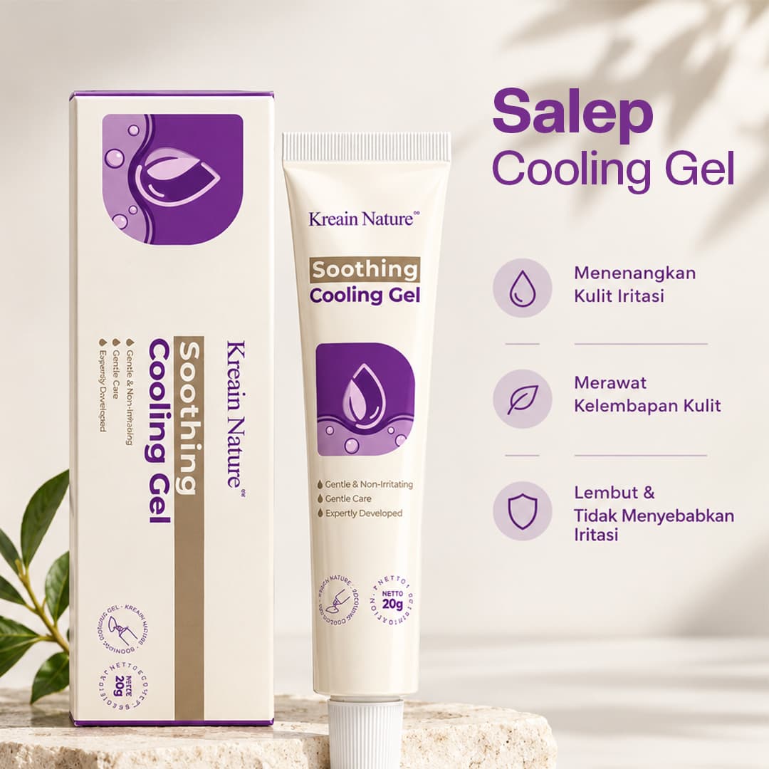 Tube dan kotak Kreain Nature Soothing Cooling Gel 20 g di atas batu, dengan tulisan Salep Cooling Gel dan tiga ikon manfaat