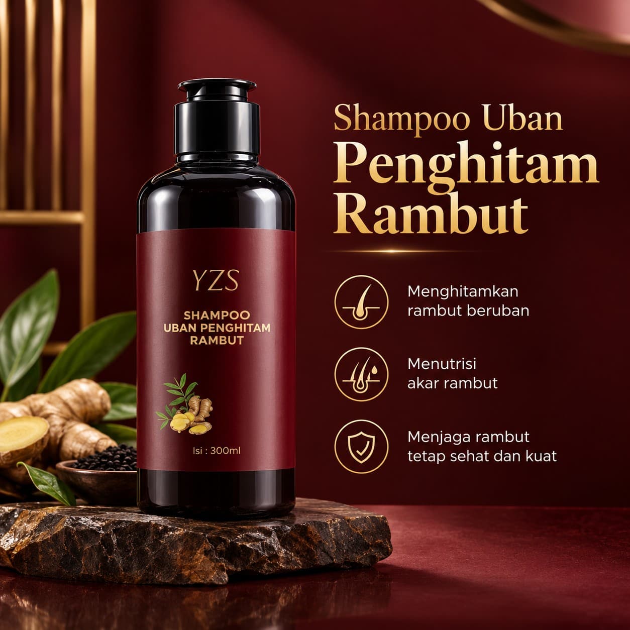 Botol shampoo YZS Shampoo Uban Penghitam Rambut isi 300 ml berwarna gelap dengan label merah marun, diletakkan di atas batu dengan latar merah marun